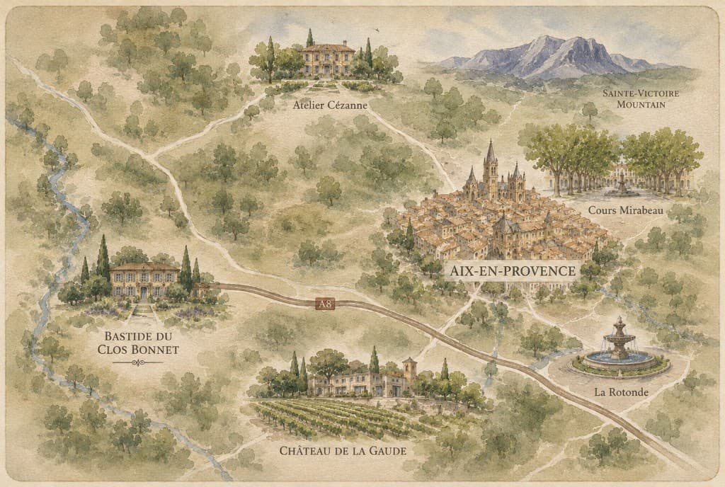 Illustrated map of Aix-en-Provence with Bastide du Clos Bonnet, Sainte-Victoire, and nearby landmarks