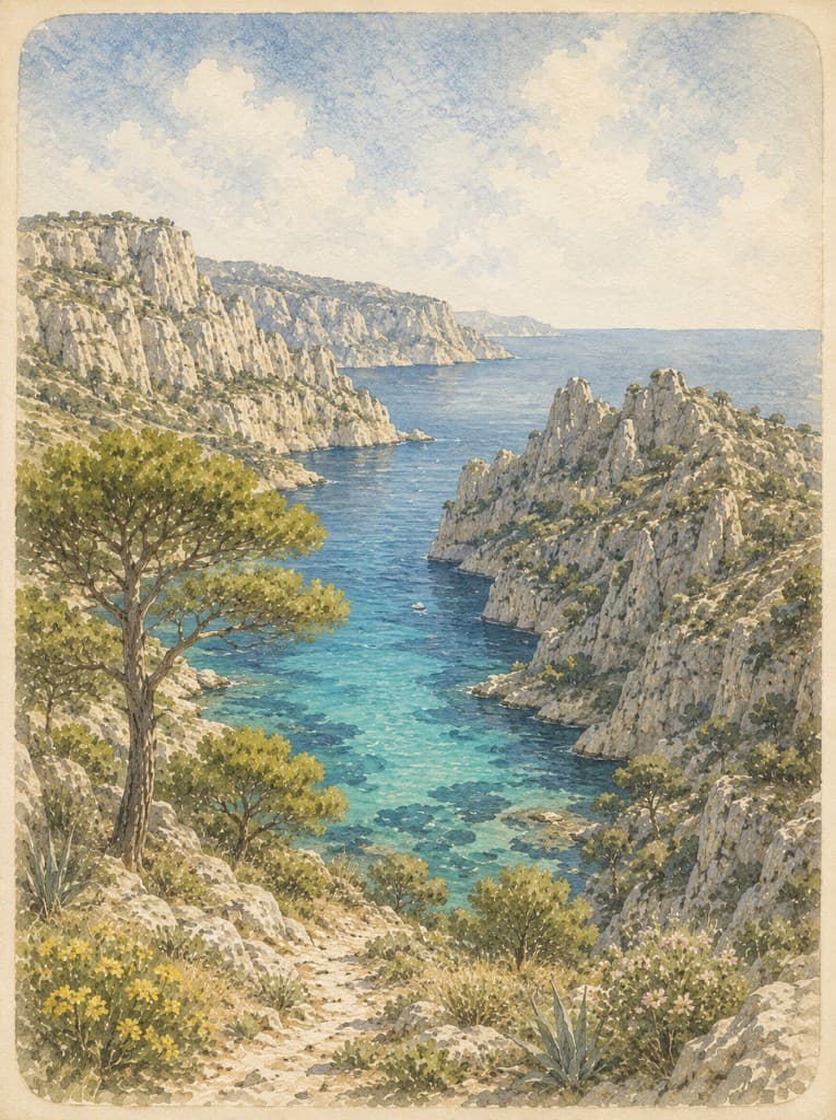 Watercolor of the Cassis calanques with turquoise water and cliffs