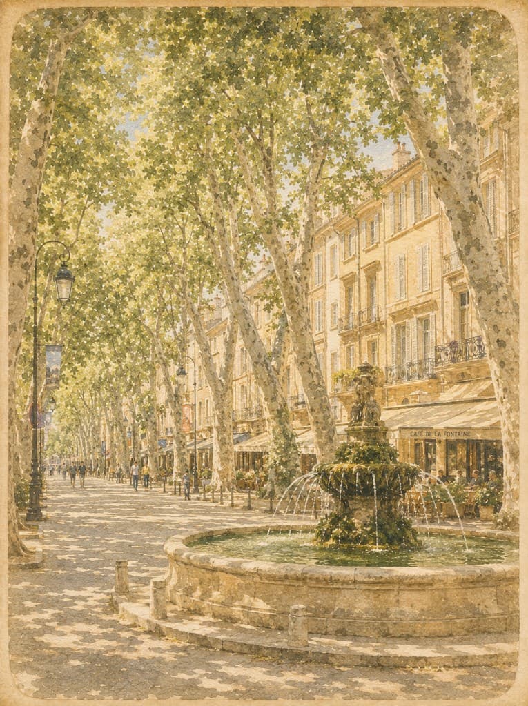 Watercolor of Cours Mirabeau lined with plane trees and a fountain