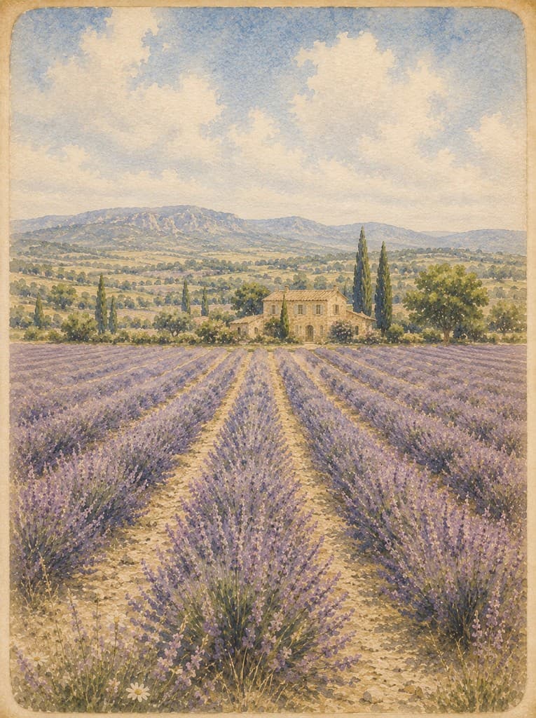 Watercolor of lavender fields before a Provencal farmhouse