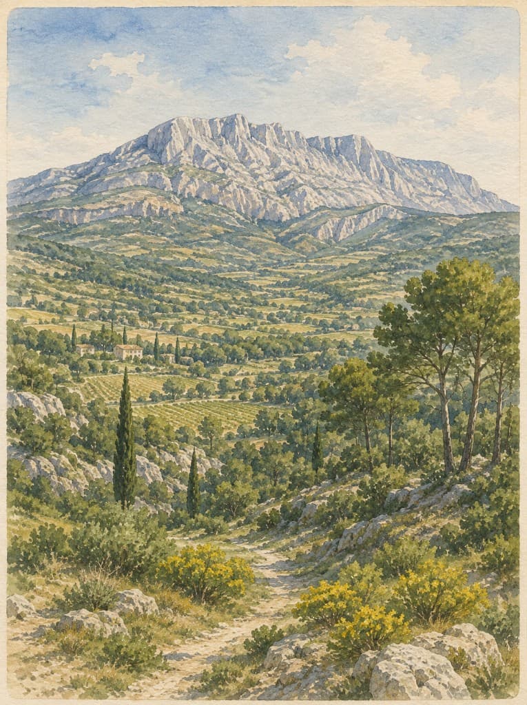 Watercolor of Montagne Sainte-Victoire above the Provencal countryside