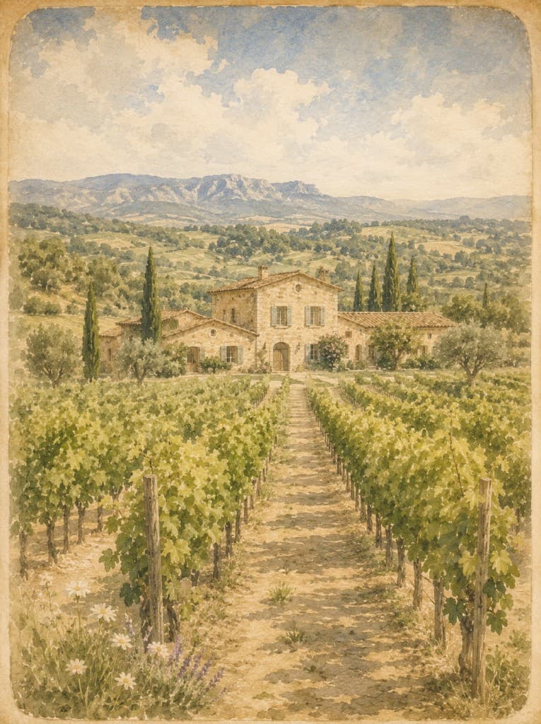 Watercolor of Provencal vineyard rows leading to a stone farmhouse