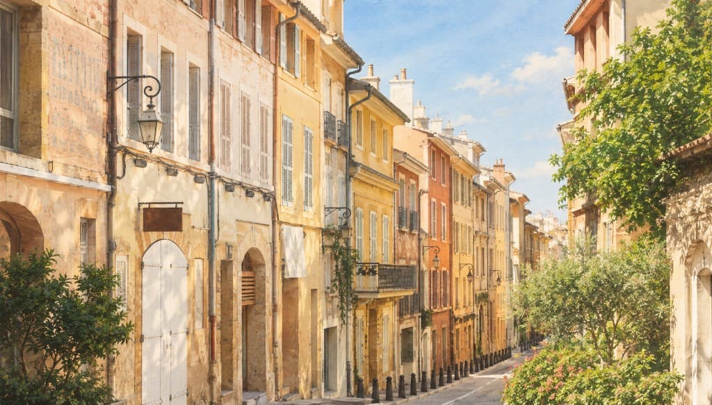 A sunlit street of ochre townhouses in the centre of Aix-en-Provence