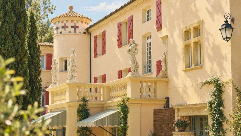 The façade of Hôtel le Pigonnet with red shutters, terrace statues, and cypress trees