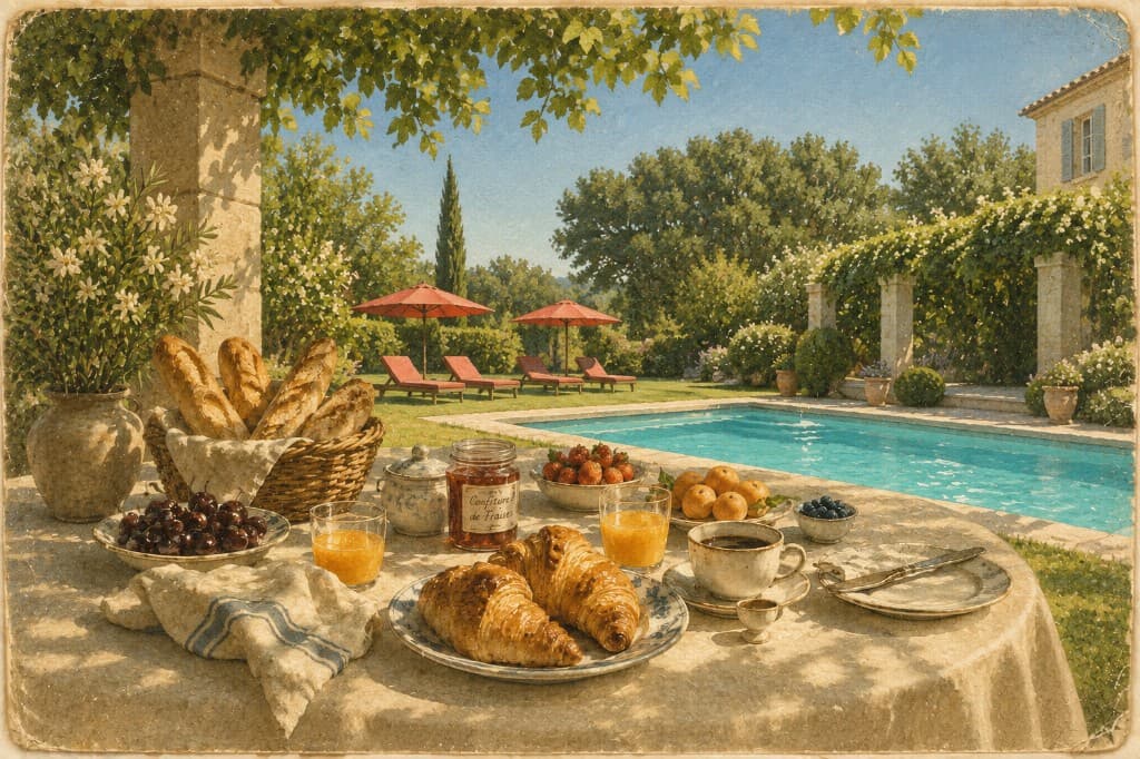 A poolside breakfast table with pastries, fruit, and coffee in the Provençal sun