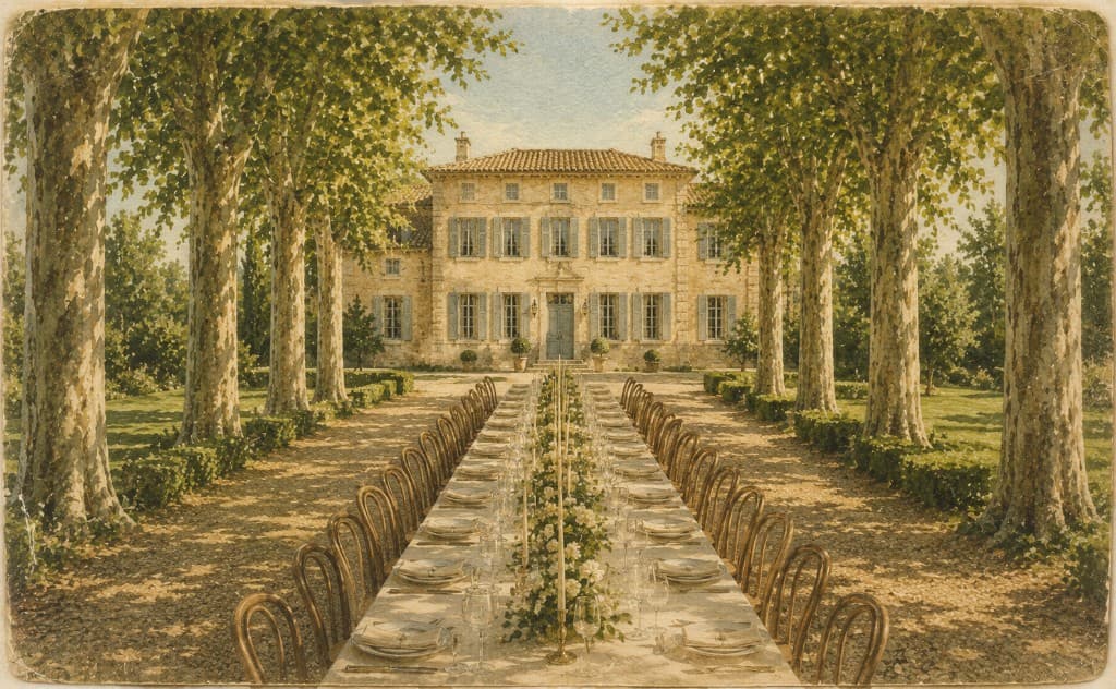 A long banquet table set for dinner under the trees at the Bastide